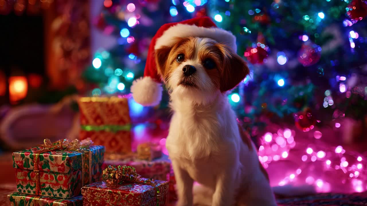 A Festively Dressed Dog in a Santa Hat Surrounded by Colorfully Wrapped Presents and a Beautifully Decorated Christmas Tree with Glowing Lights, Creating a Joyous Holiday Atmosphere for All to Enjoy