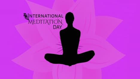 animation of international meditation day text with woman meditating silhouette on purple background
