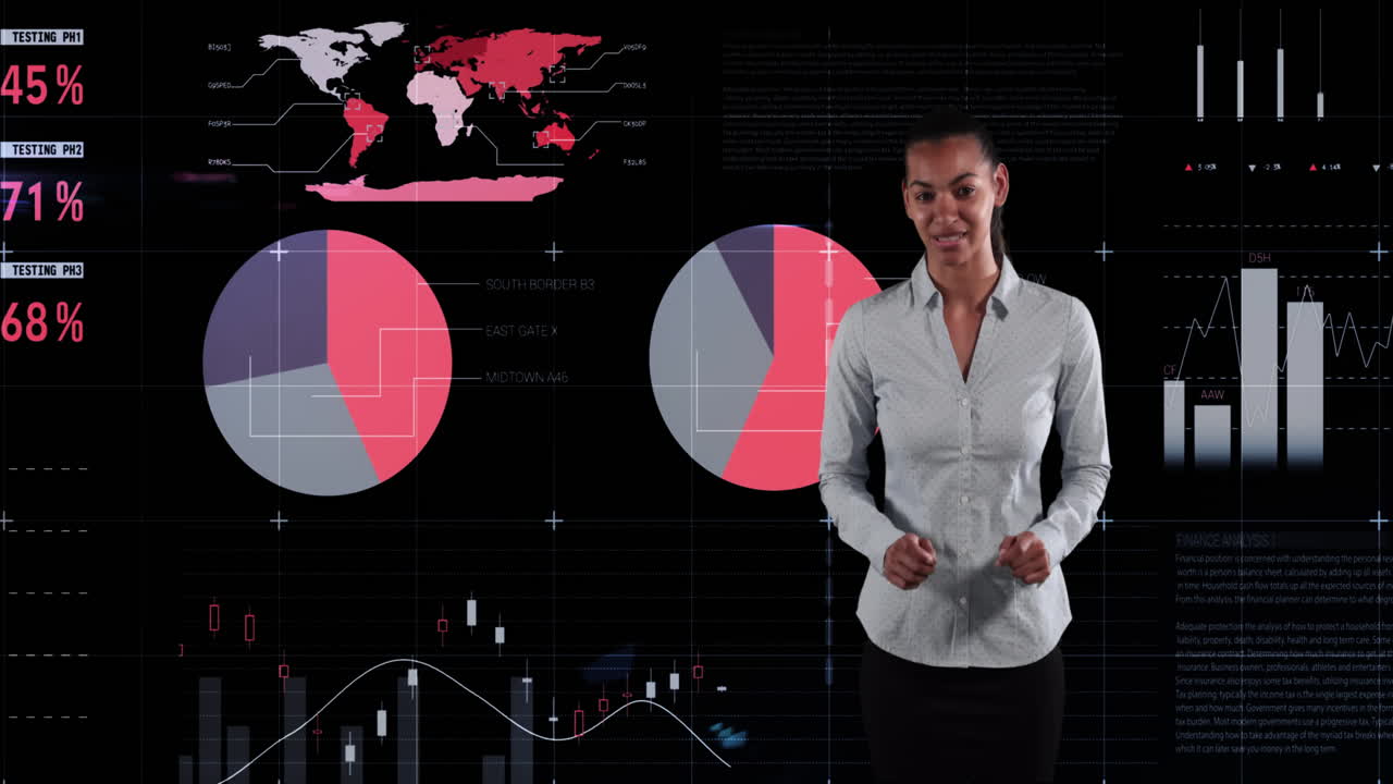 joven mujer de negocios biracial hablando con fondo gráfico