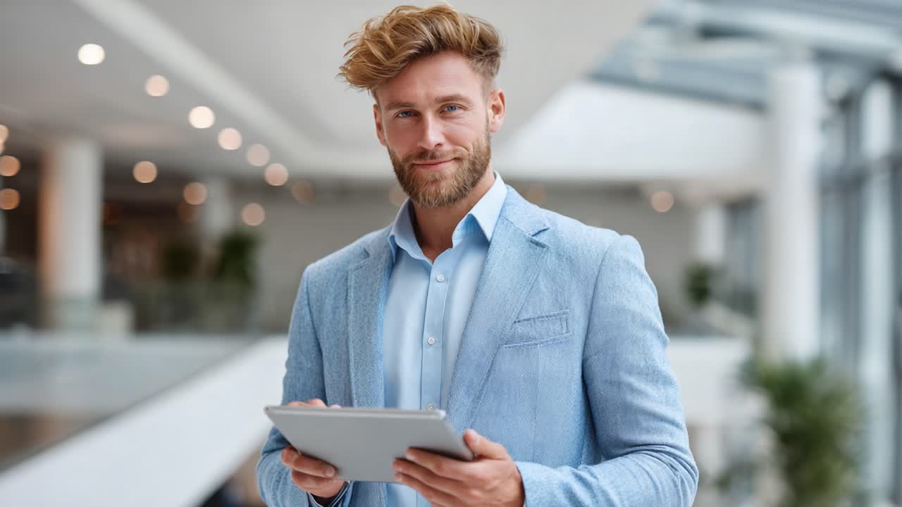 Confident Young Businessman Holding a Tablet, Smiling and Engaged in Modern Business Environment with Soft Background Lighting