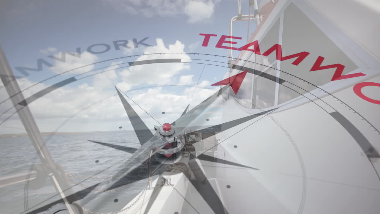 조선소에서 팀워크 텍스트와 함께 나침반의 애니메이션