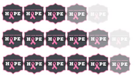 animation of multiple pink ribbon logo and breast cancer text appearing on white background