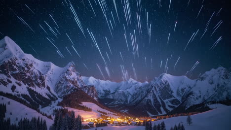 a meteor shower illuminates a snowy mountain village at night