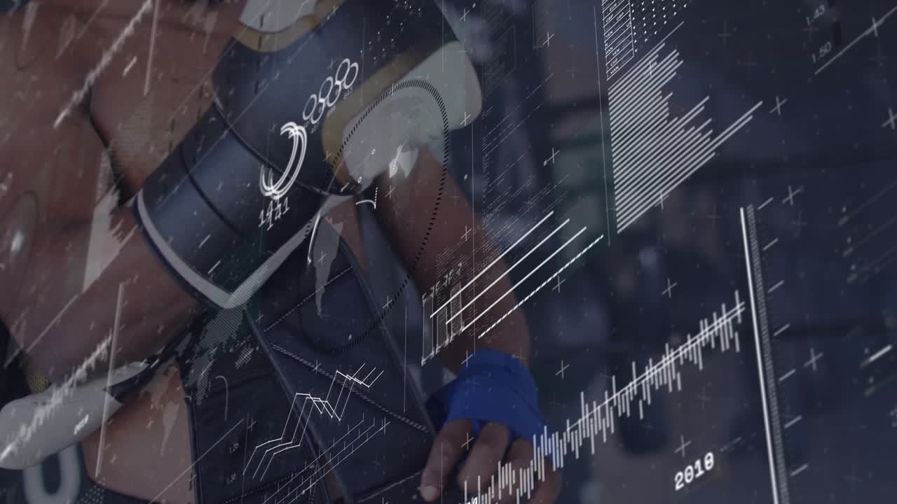 Male athlete sliding hand into glove, securing velcro cuff during training with HUD tracking vitals
