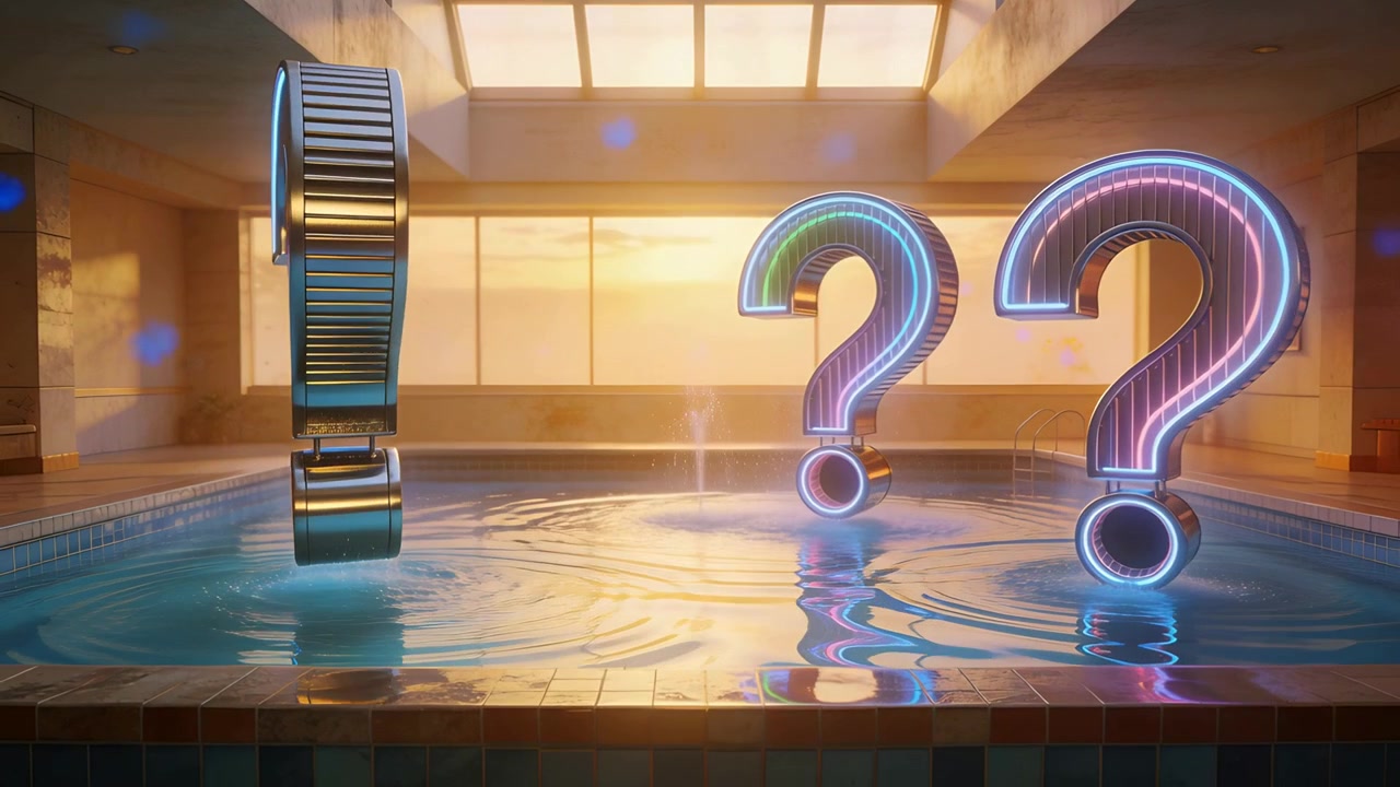 Tre punti interrogativi metallici che ruotano sopra una piscina coperta mentre un getto d'acqua centrale pulsa, con bagliore al neon
