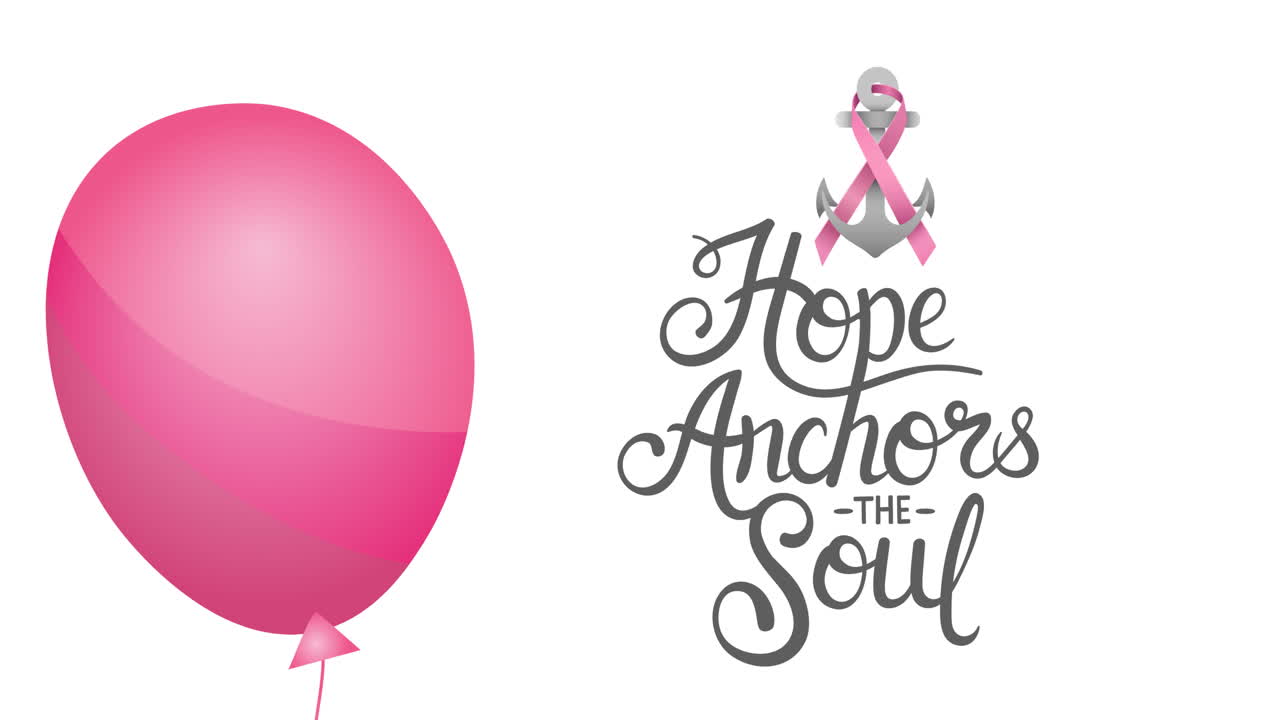 핑크 리본  ⁇ 커 로고와 유방암 텍스트 위에 날아다니는 분홍색 풍선의 애니메이션