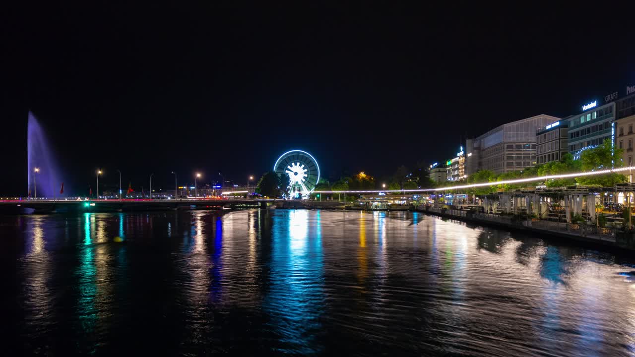 밤에 조명된 제네바 시내 중심, 강변, 호수, 분수, 공원, 바, 파노라마, 4k 타임스, 스위스