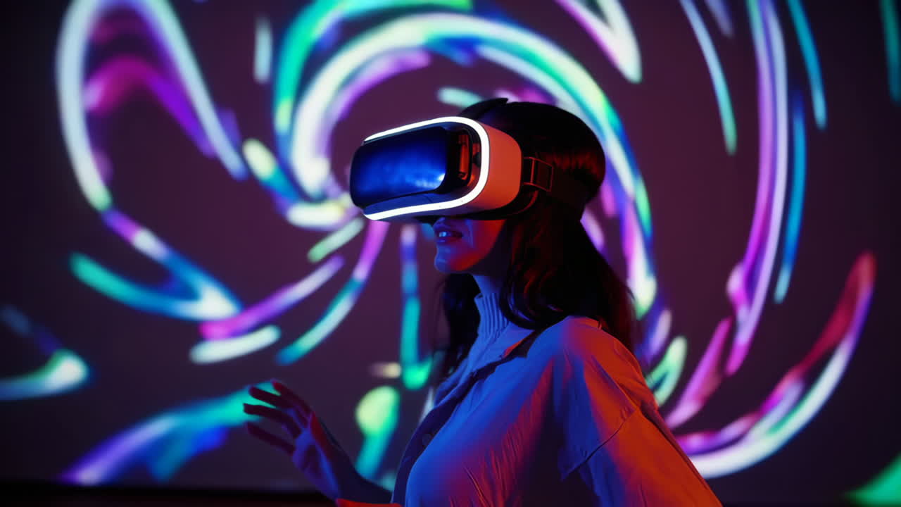 Woman experiencing virtual reality with a VR headset against a colorful abstract background