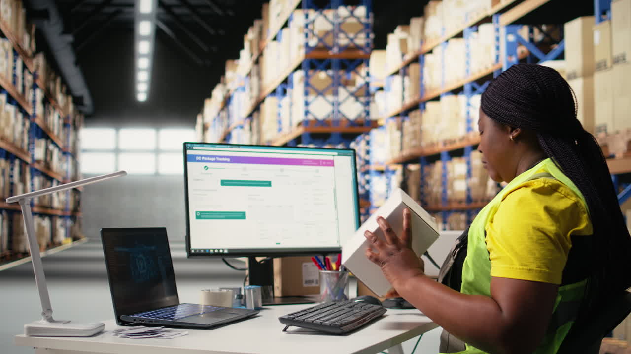 Vertical Video Young woman scanning barcodes with AI systems to handle warehouse operations