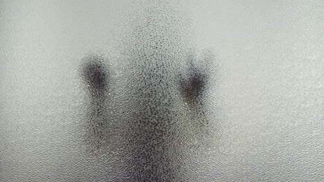 a female silhouette behind the frosted glass moves slowly and screems
