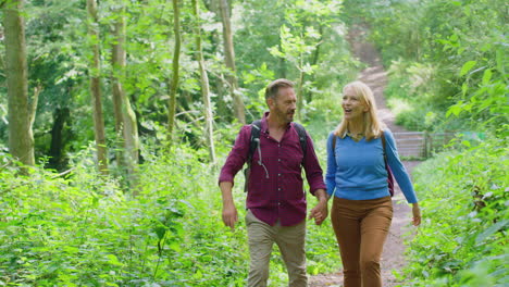 loving mature couple in countryside hiking along path through forest holding hands together