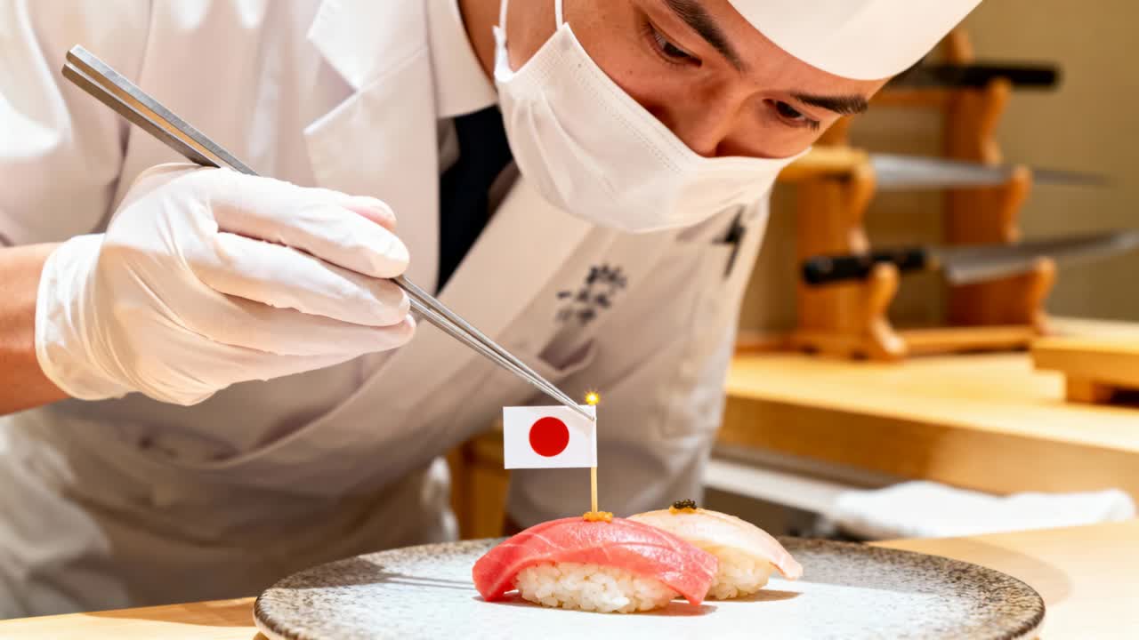 日本国旗が飾られたバーで、寿司職人が白衣を着て、ピンセットで握りを盛り付けている様子。点検中。