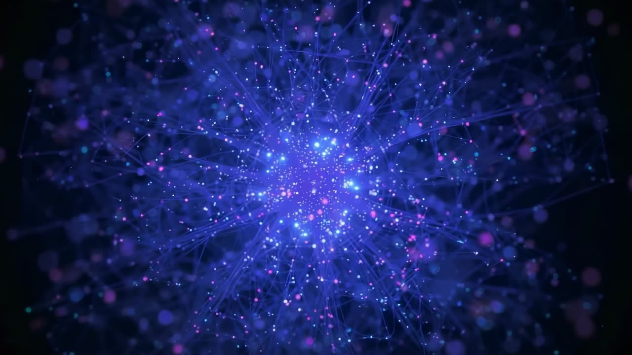 Pulsing central cluster flickering along filaments into digital void, lighting peripheral points