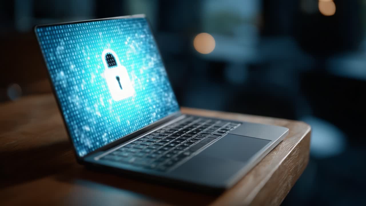 A Sleek Laptop Displaying a Digital Lock Symbol Surrounded by Glowing Data Points, Emphasizing Cybersecurity and Data Protection in the Tech Environment