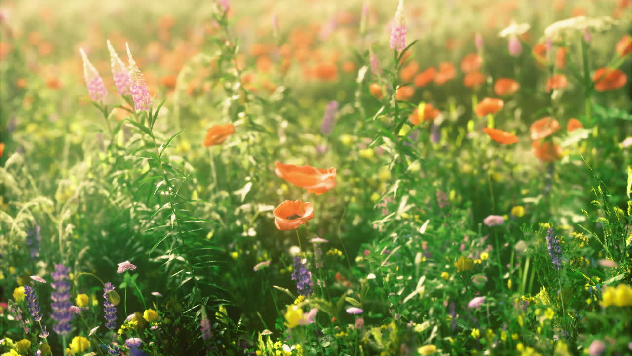 Colorful wildflower field in spring with blooming blossoms and greenery