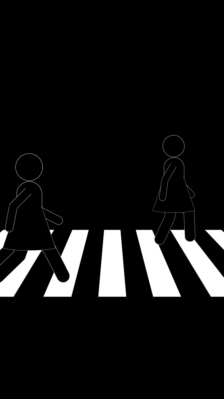 Female stick figures walk across a white zebra crossing against a solid black background