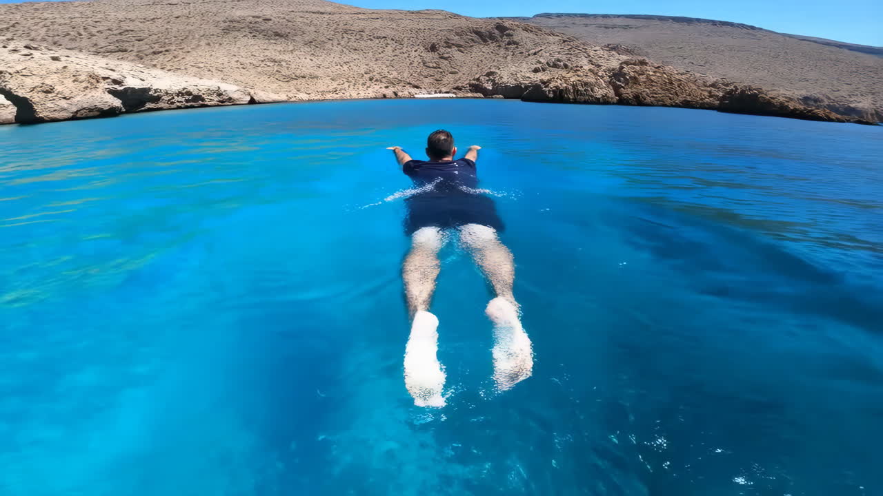 Person swimming in crystal clear blue water with rocky hills in the background