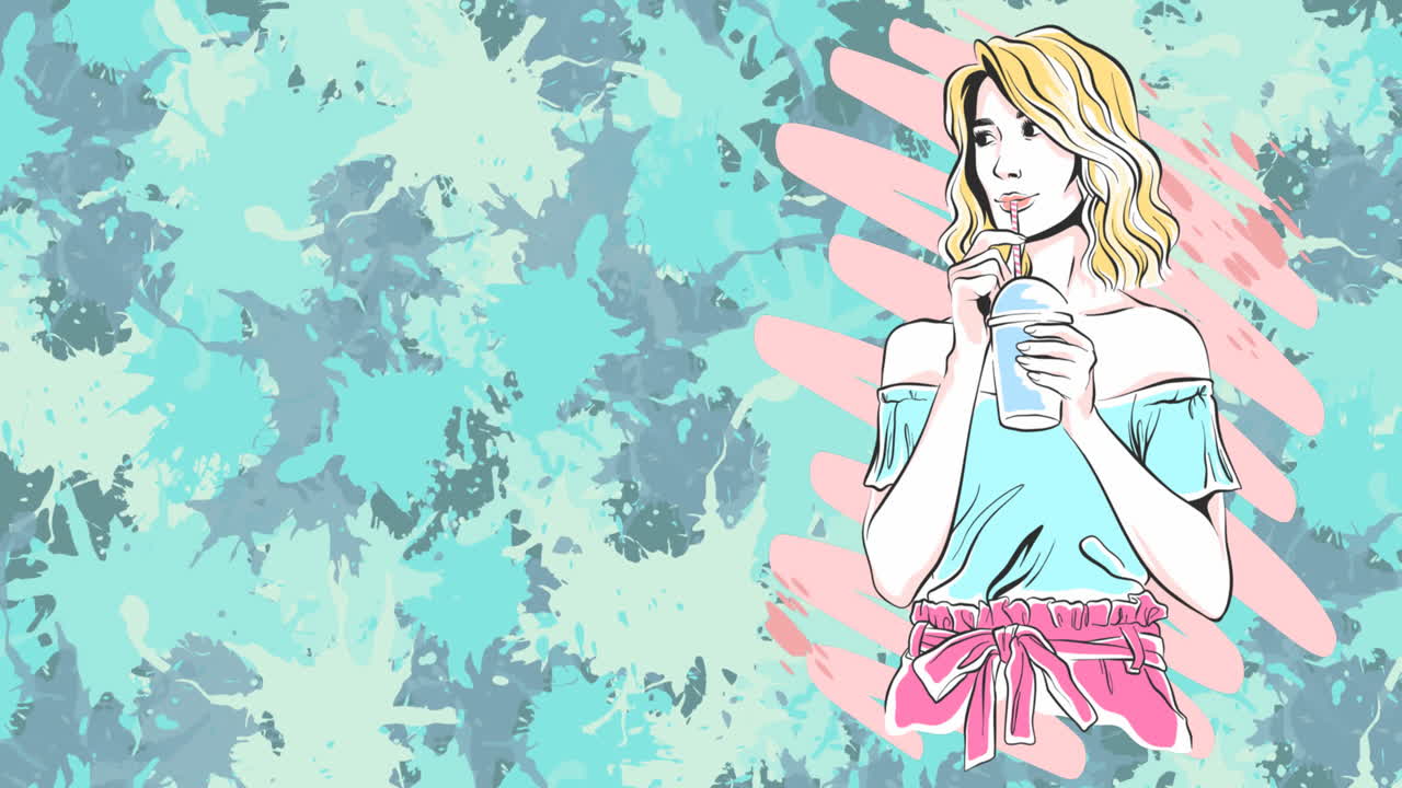 Animation of caucasian woman drinking shake over colourful stains on green background