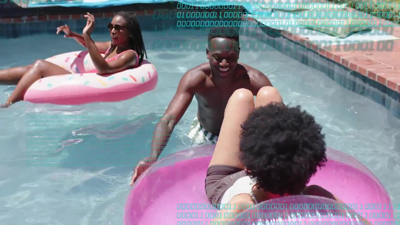 Woman reclining on pink tube, man pushing it away, binary overlay tracking motion for marketing