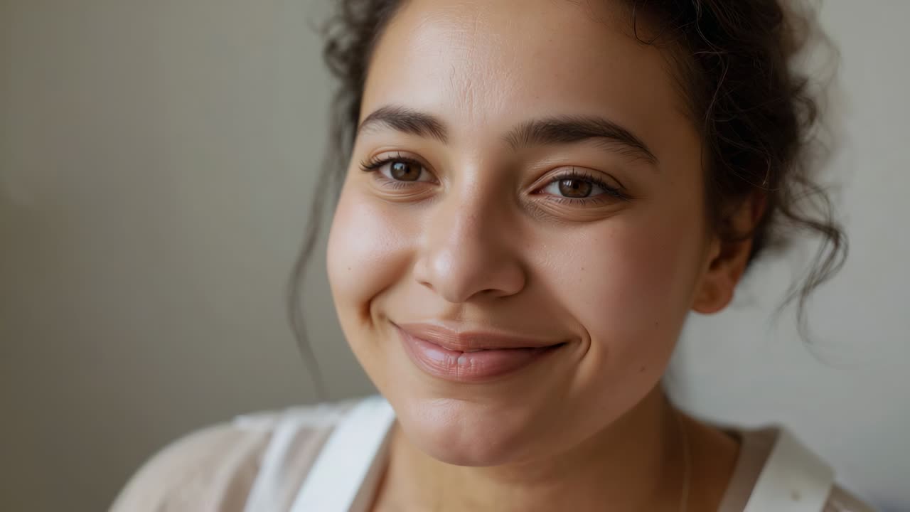 Smiling woman maintaining eye contact while camera starting recording at neutral wall, in beige top
