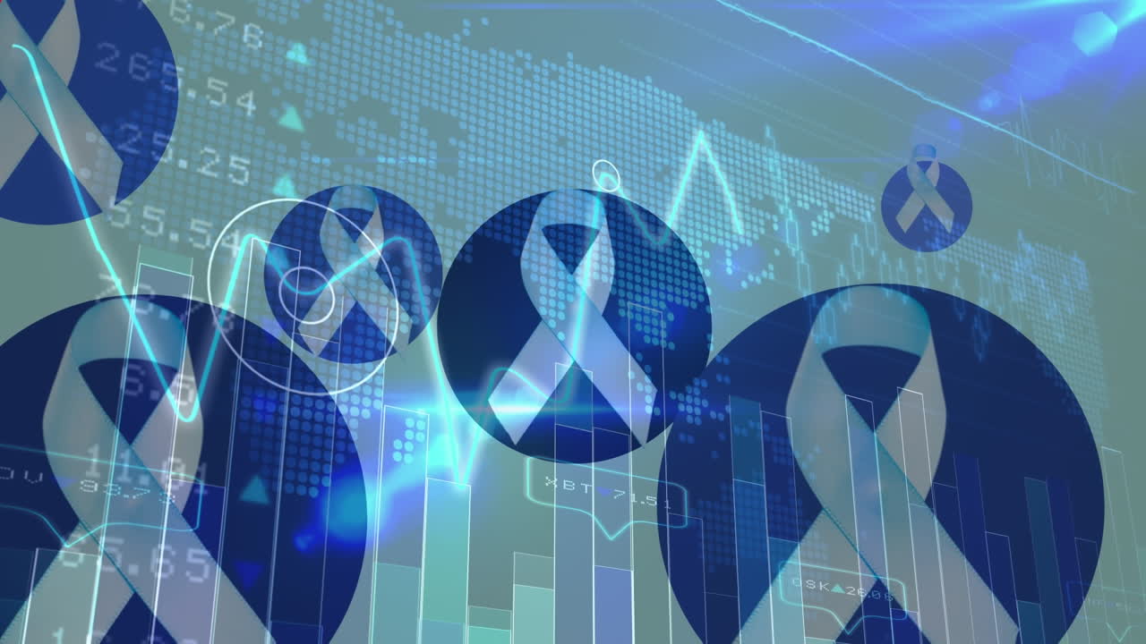 색 바탕에 있는 아이콘과 세계 지도 위에 은 모양의 애니메이션과 데이터 처리가 있습니다.