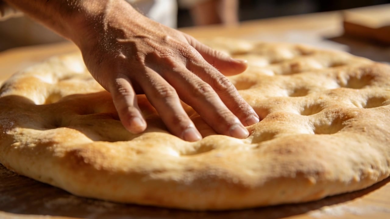 Arriving baker's floured hand pressing gliding across dimpled focaccia on wood board checking crust