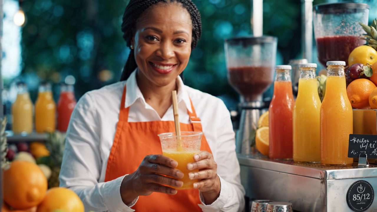 Una donna allegra prepara e serve succo fresco in un chiosco di bevande colorato, mettendo in mostra uno stile di vita sano e vivaci selezioni di frutta con un sorriso amichevole.