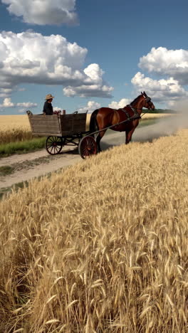 horse-drawn carriage in a golden wheat field