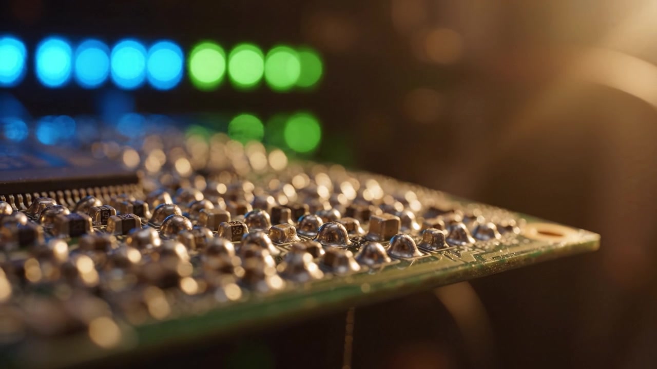 Primo piano di un circuito stampato che evidenzia i dettagli intricati di componenti e connessioni, con un'illuminazione soffusa che esalta l'attrattiva visiva dell'elettronica.