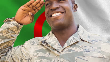 animation of armed forces day text and african american male soldier over flag of algeria