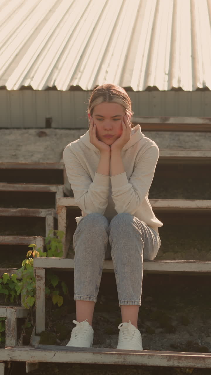 Thoughtful woman in casual hoodie and jeans sits on rustic stadium bleachers with hands resting on chin, appearing pensive and reflective in a quiet, outdoor setting