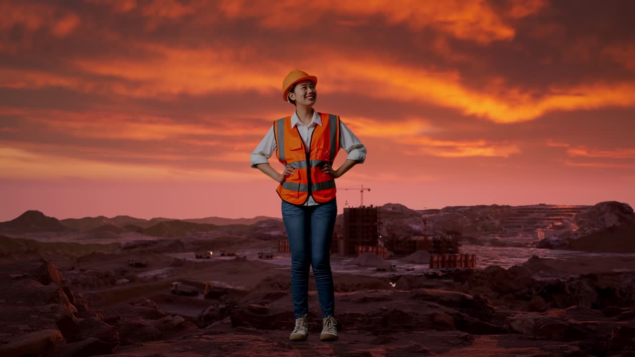 ingeniera en un sitio de construcción al atardecer