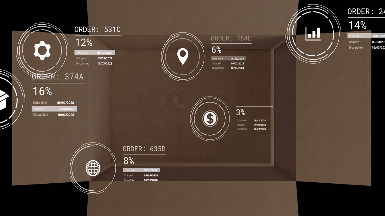 animación de iconos con procesamiento de datos sobre caja abierta sobre fondo negro