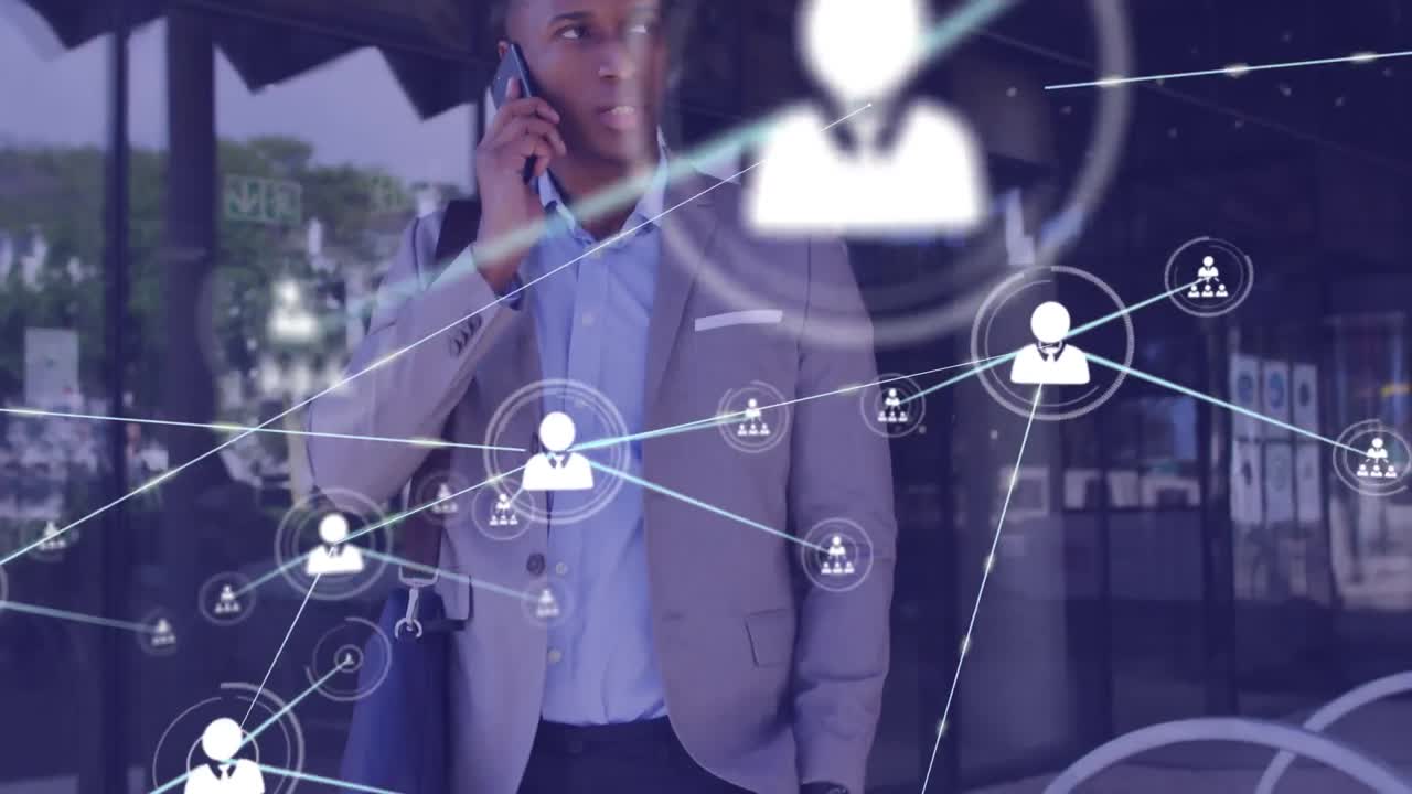 스마트 폰을 가진 아프리카계 미국인 사업가에 대한 연결 네트워크의 애니메이션