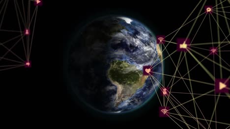 Globe-of-network-of-connection-against-globe-spinning-on-black-background