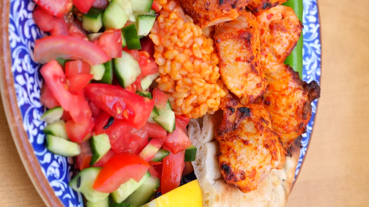 Grilled Chicken Skewers with Salad and Bulgur