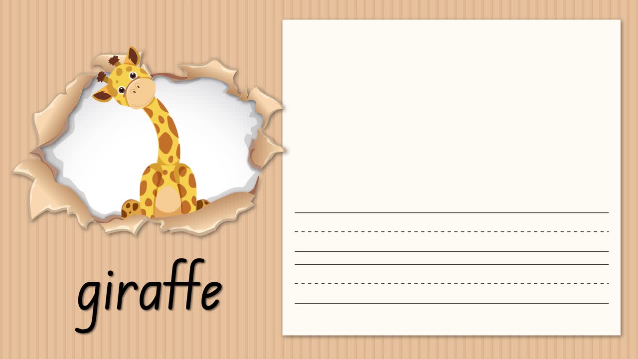 Educational animation demonstrates writing the letter G alongside a cartoon giraffe on lined paper