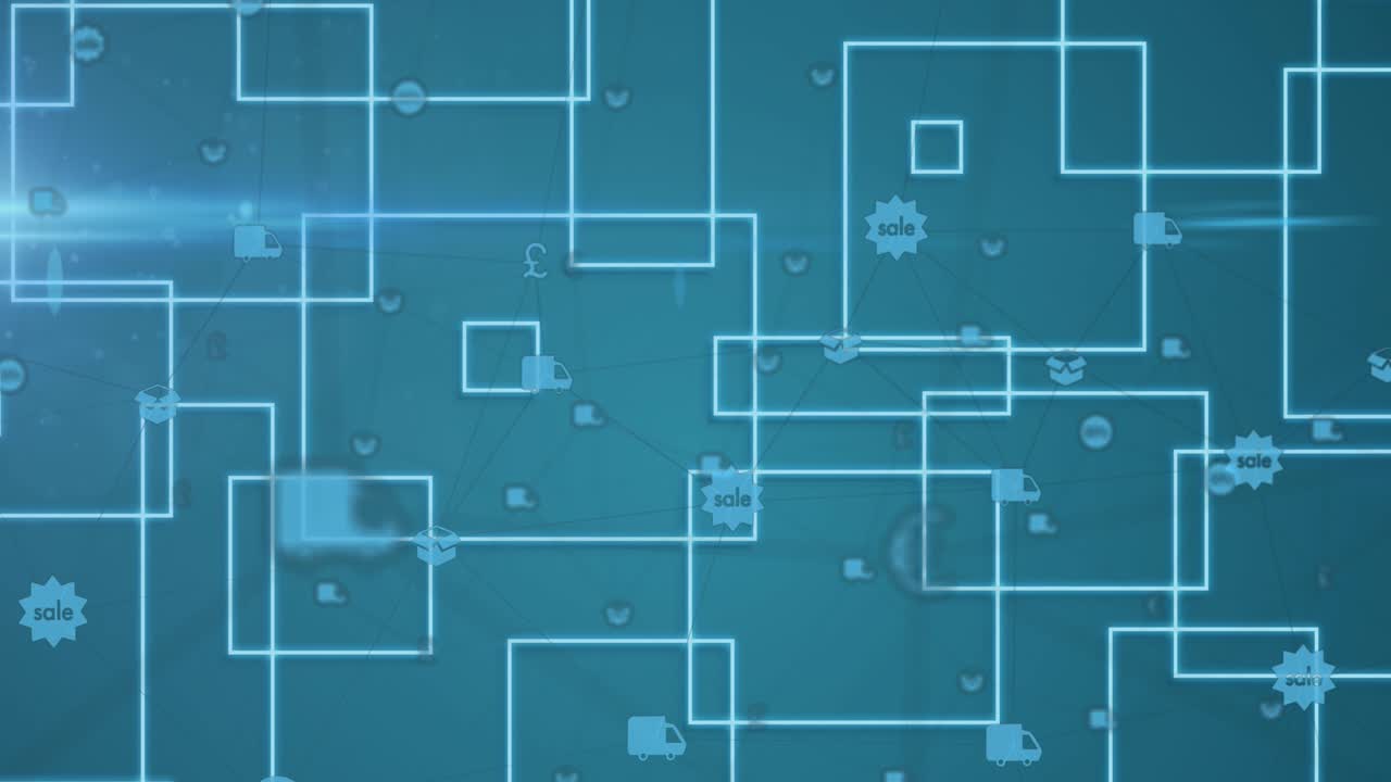 animación de la red de conexiones con iconos de compras en línea y contornos cuadrados