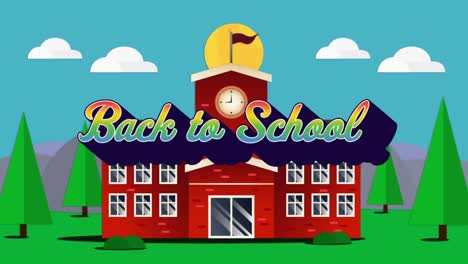animación digital de texto multicolor de regreso a la escuela contra el paisaje del edificio escolar en el fondo