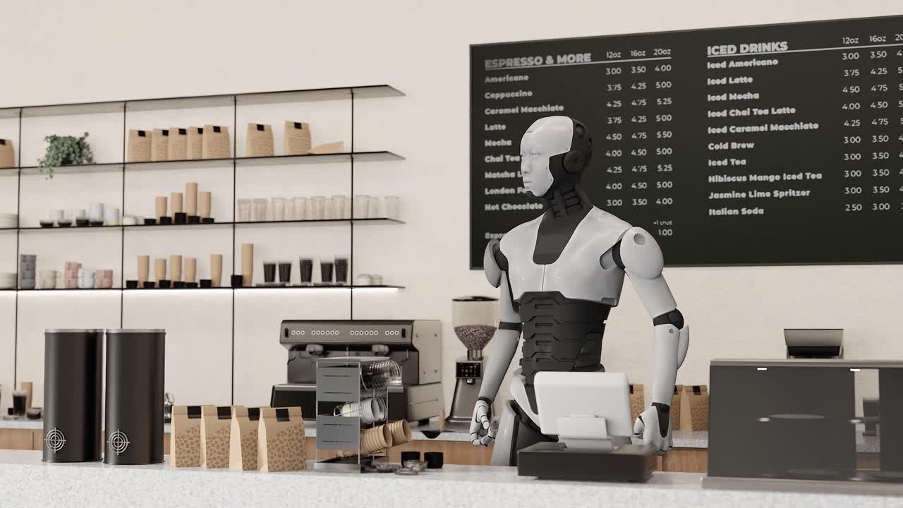 ¿un barista robótico que opera máquinas de espresso en un café de alta tecnología?