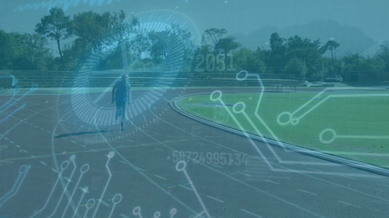 경주 트랙에서 달리기 블레이드를 가진 장애인 남성 운동 선수에 대한 데이터 처리 애니메이션