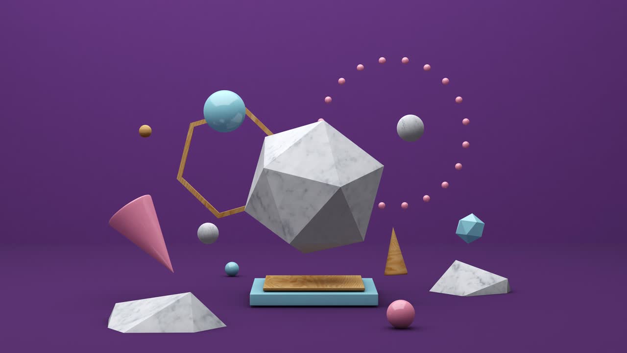 다채로운 모양의 그룹이 움직입니다. 추상적인 애니메이션, 3d 렌더링.