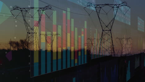 animation of financial data processing over electricity pylons and landscape