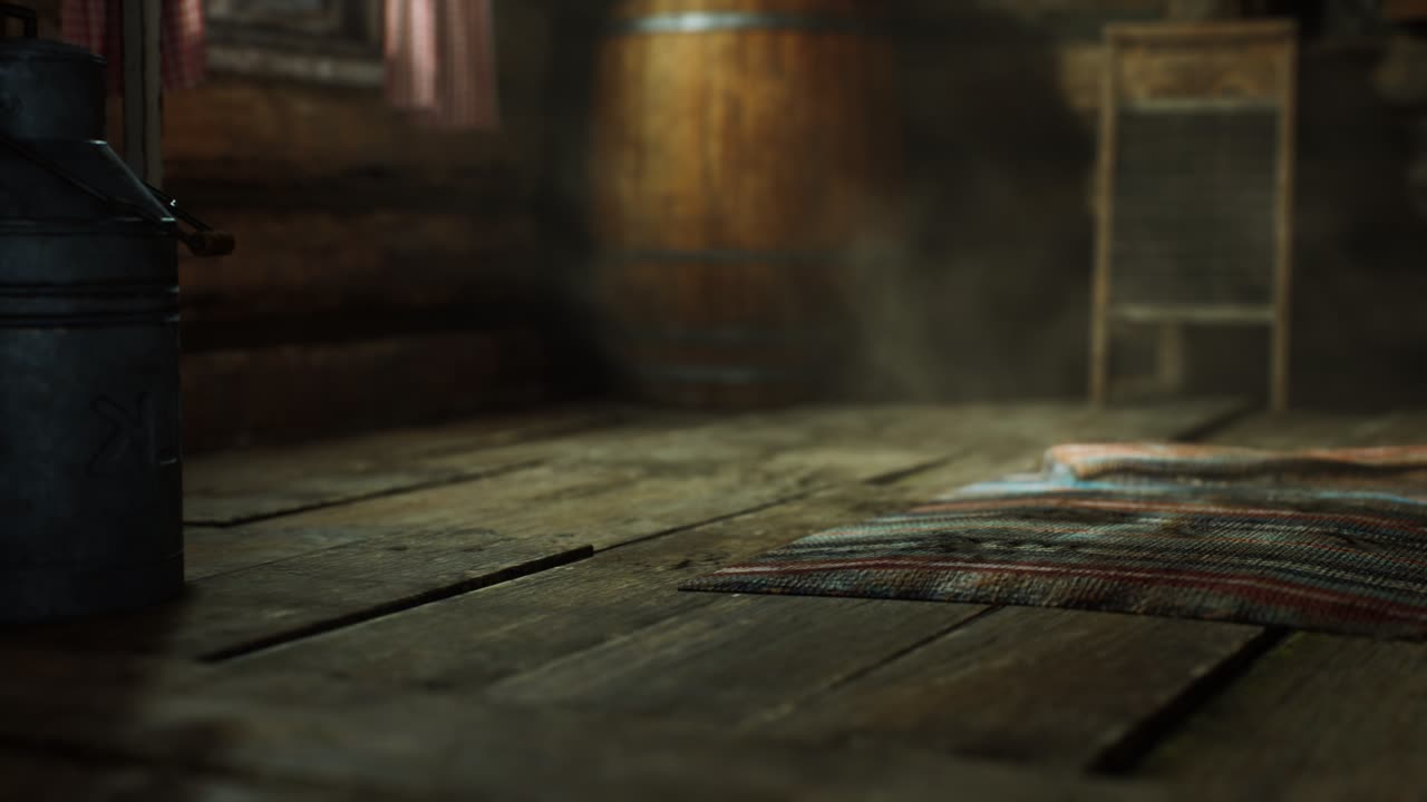 interior oscuro de una casa de troncos retro