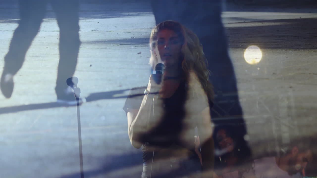 female singer performing on music stage, showcasing animated sound waves and equalizer bars