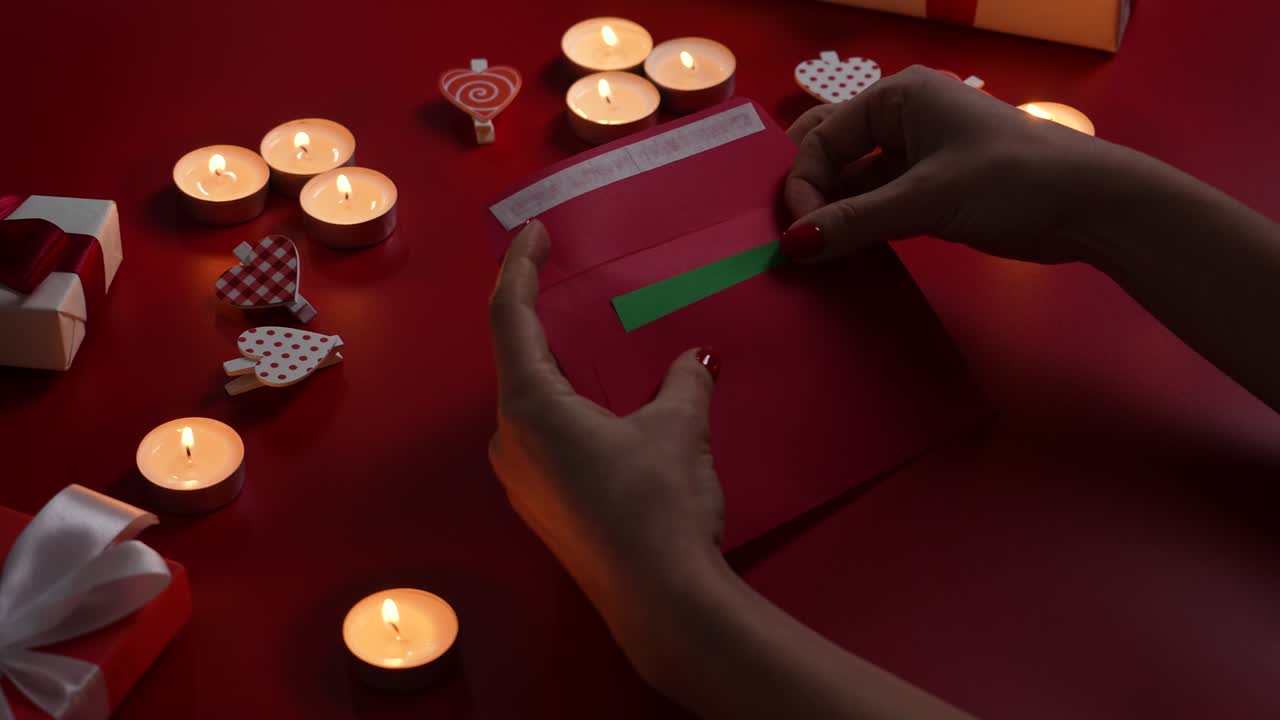 las manos de la mujer abren el sobre y sacan una tarjeta de san valentín con llave de croma de pantalla verde. vista superior de la mesa roja con velas encendidas, corazones decorativos y regalo. crepúsculo romántico.