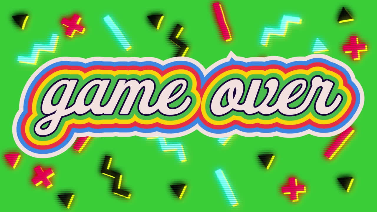 animación de juego retro sobre texto de arco iris sobre formas abstractas que se mueven sobre fondo verde