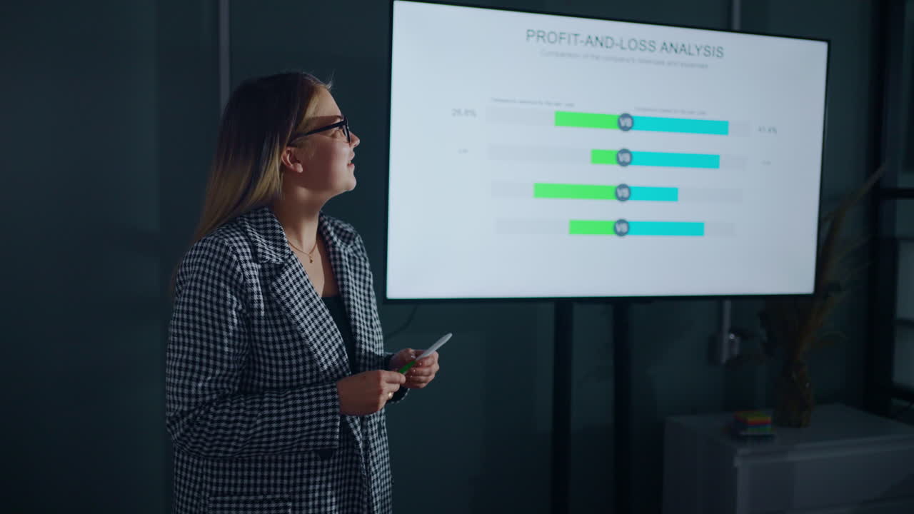 mujer de negocios dando una presentación sobre el análisis de ganancias y pérdidas