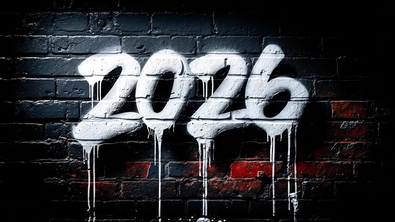 White Graffiti Style 2026 Numbers on Urban Brick Wall