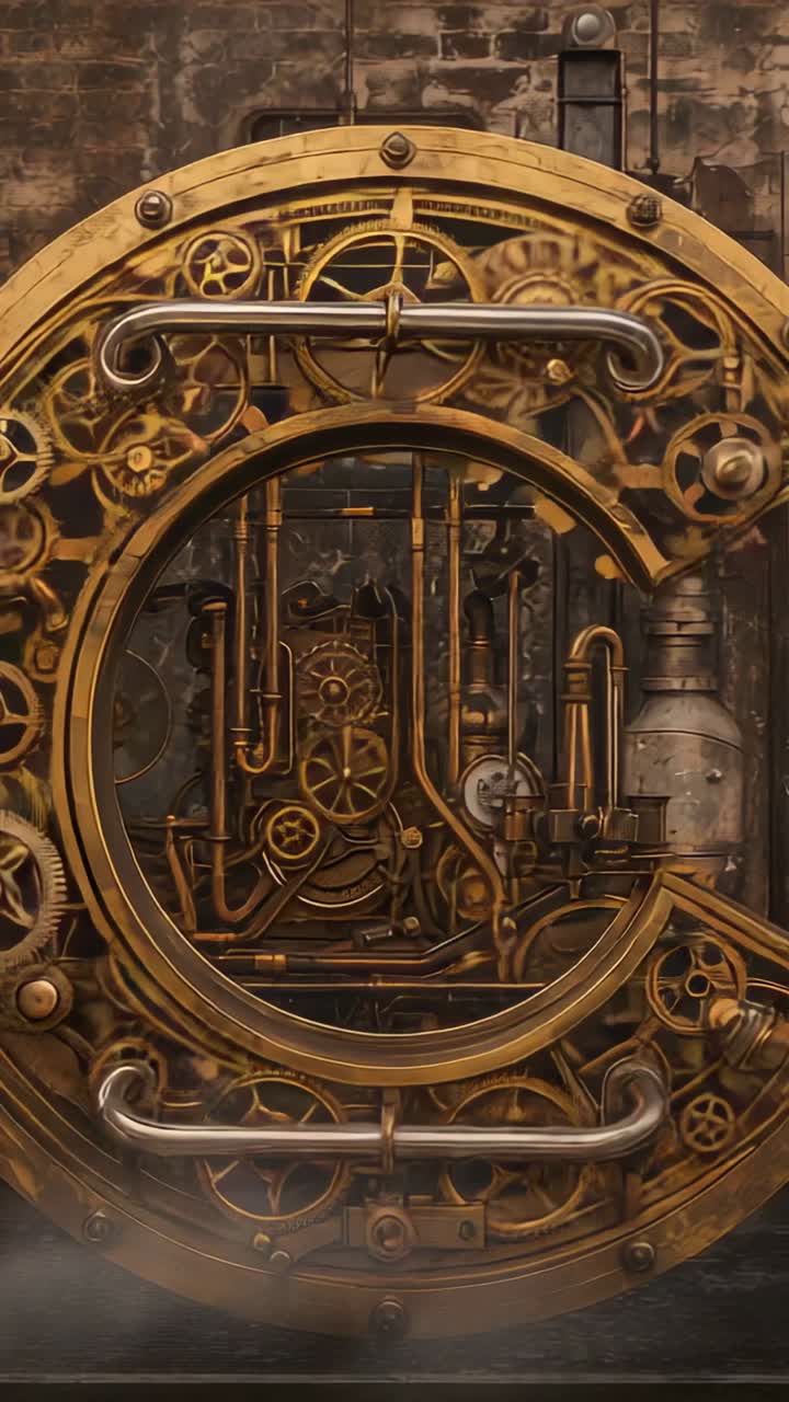 Vertical video: Powering vault door lifting unlocking bar cycling pistons at brick wall